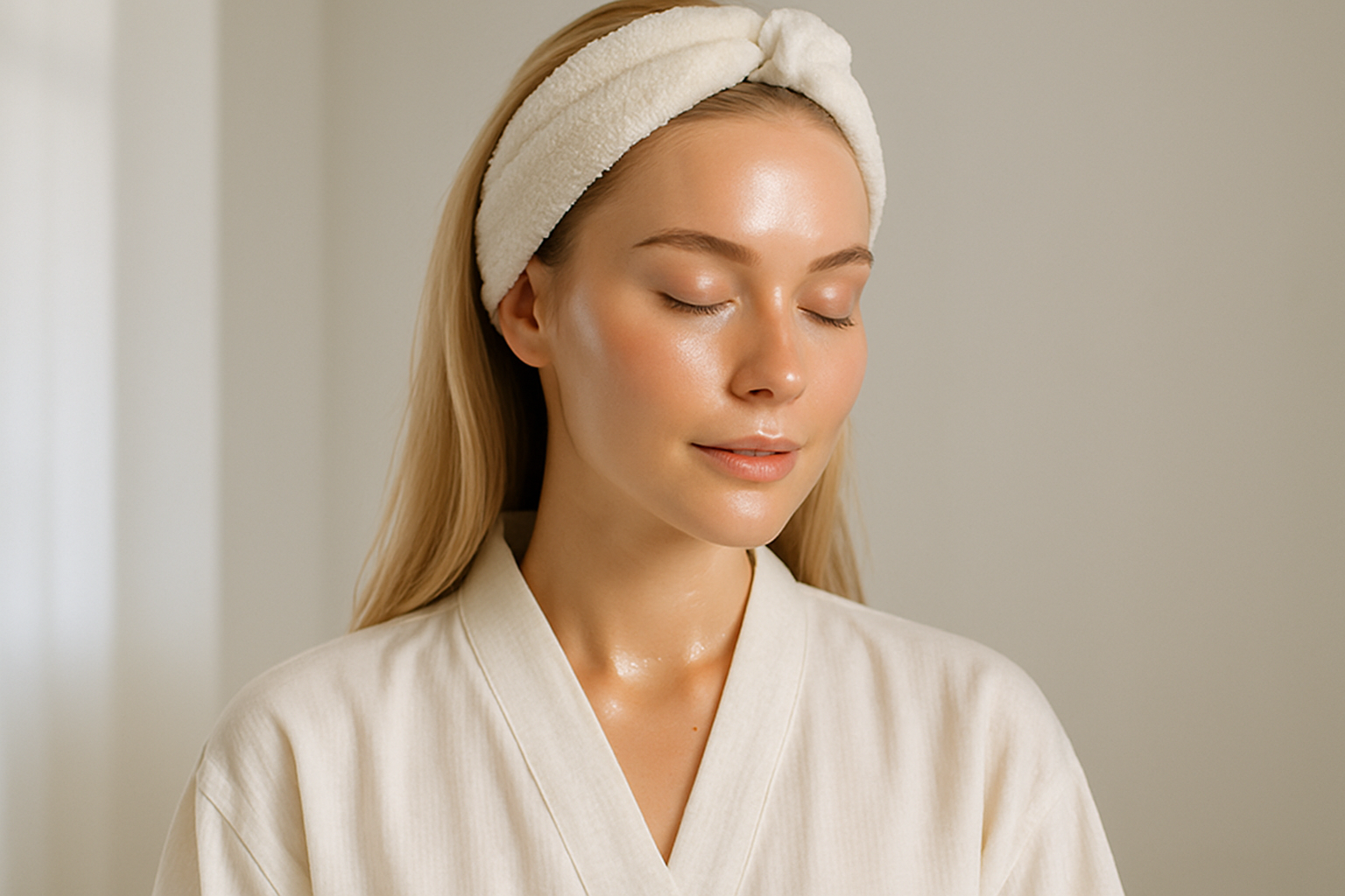 Mujer bella rubia con cintillo y bata skincare coreano piel resplandeciente 